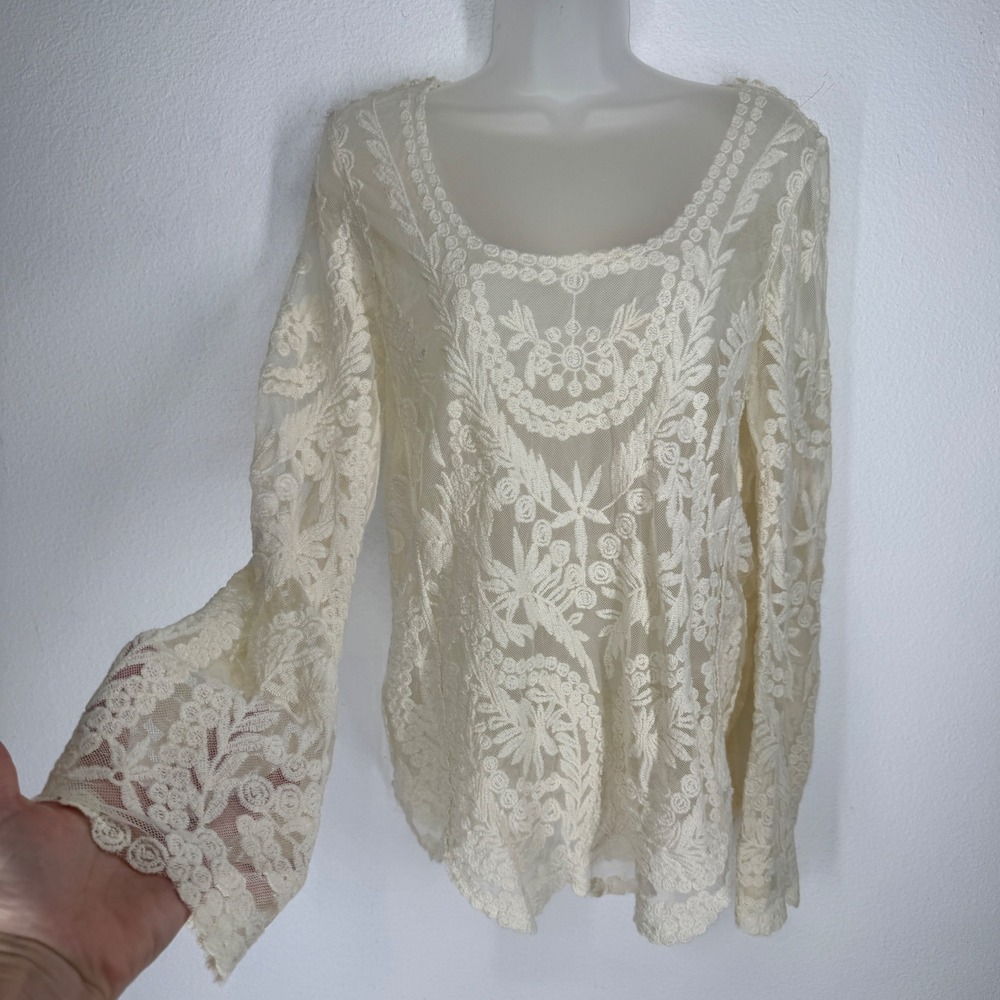 Cream Sheer Floral Lace Embroidered Flare Sleeve Square Neck Top Size S Boho